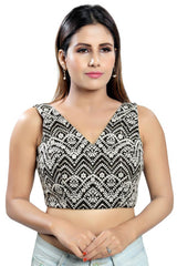 Black Art Silk Back Open Padded Sleeveless Saree Blouse