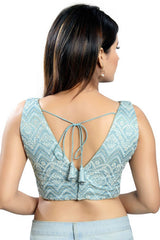 Grey Art Silk Back Open Padded Sleeveless Saree Blouse