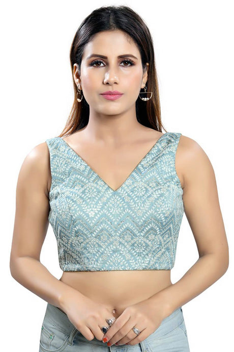 Grey Art Silk Back Open Padded Sleeveless Saree Blouse