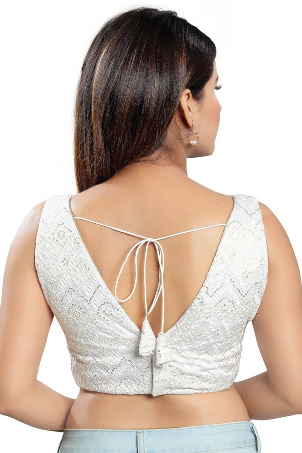 White Art Silk Back Open Padded Sleeveless Saree Blouse