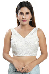 White Art Silk Back Open Padded Sleeveless Saree Blouse