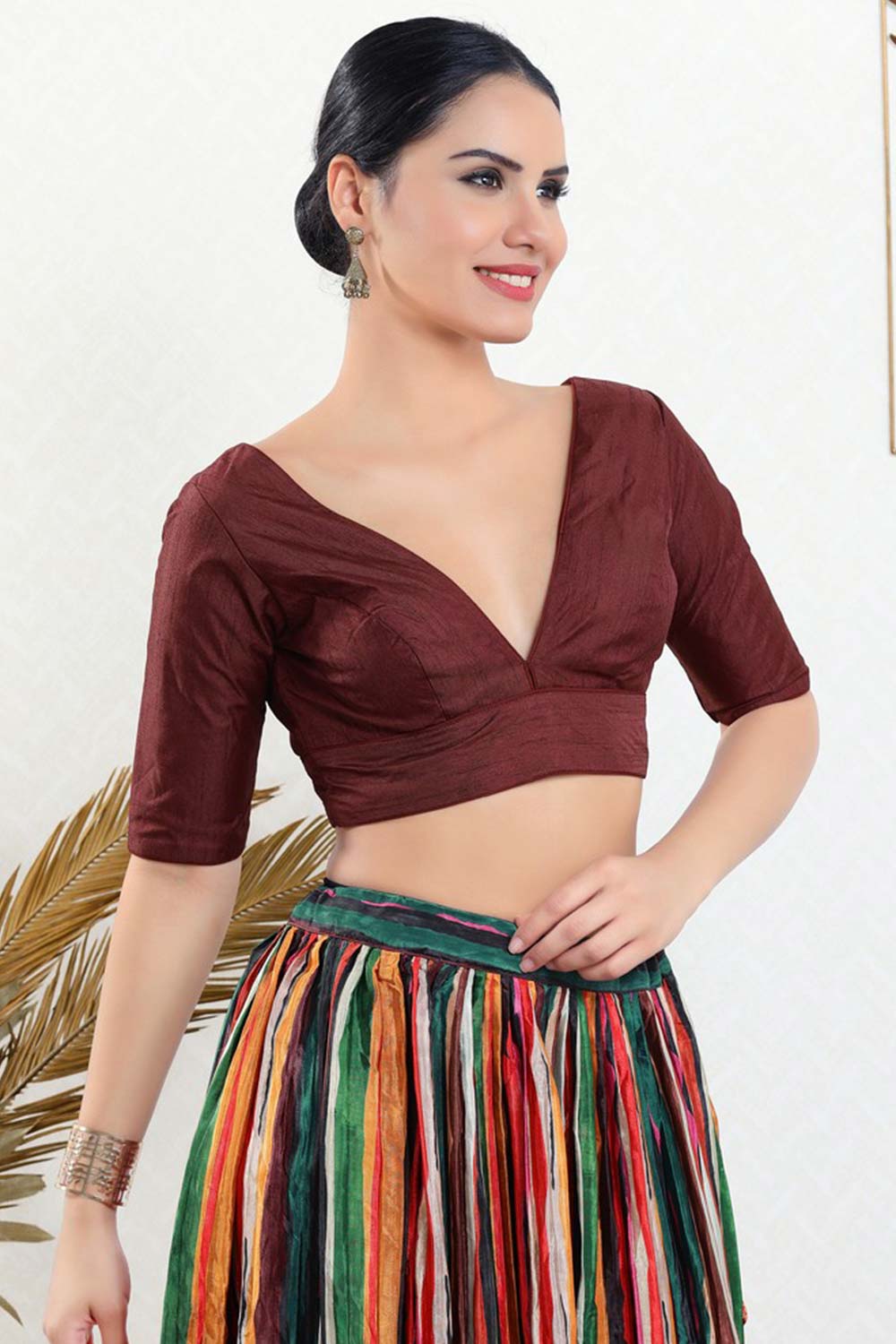 Maroon Silk Padded Elbow Sleeves Saree Blouse