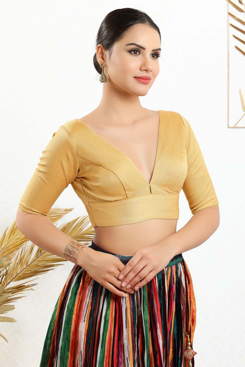 Gold Silk Padded Elbow Sleeves Saree Blouse