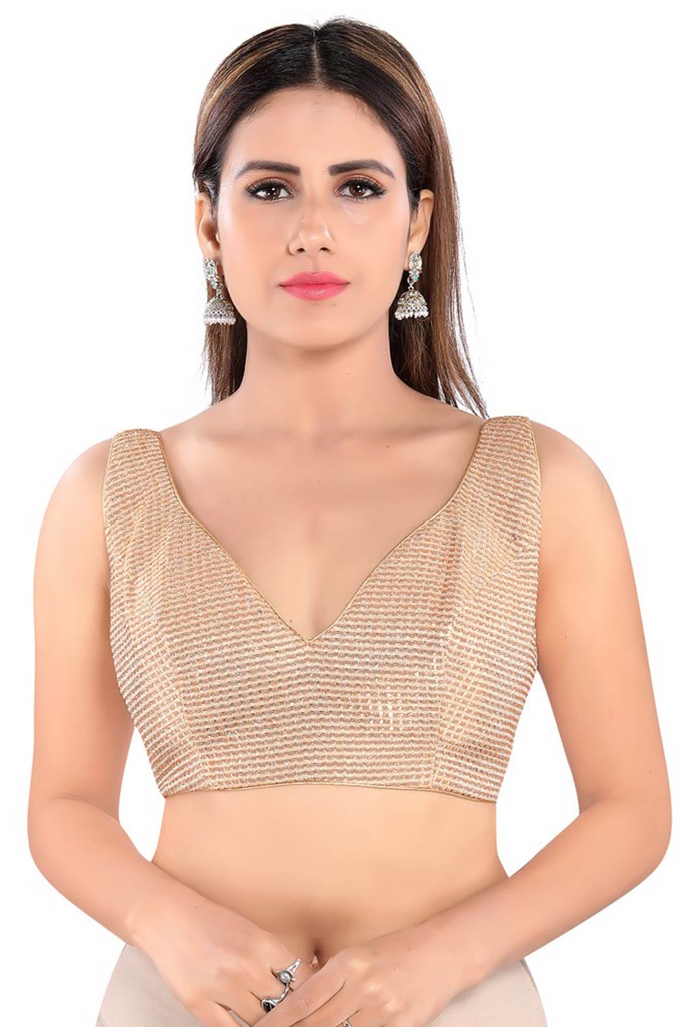 Copper Polyester Back Open Padded Sleeveless Saree Blouse