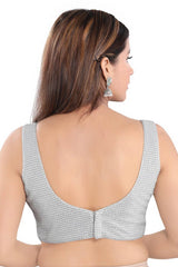 Silver Polyester Back Open Padded Sleeveless Saree Blouse