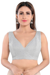 Silver Polyester Back Open Padded Sleeveless Saree Blouse