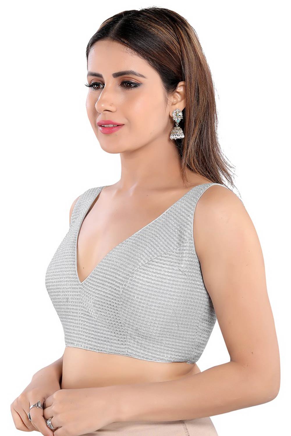 Silver Polyester Back Open Padded Sleeveless Saree Blouse