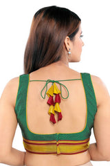 Green Polyester Back Open Padded Sleeveless Saree Blouse