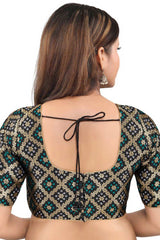 Black Jacquard Back Open Padded Elbow Sleeves Saree Blouse