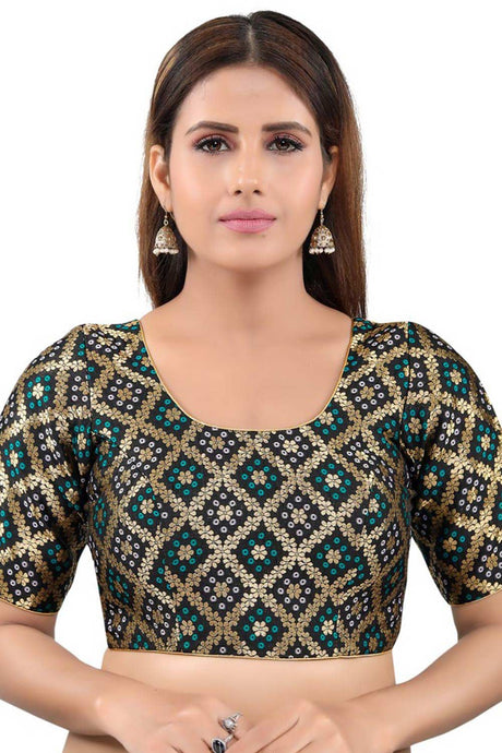 Black Jacquard Back Open Padded Elbow Sleeves Saree Blouse