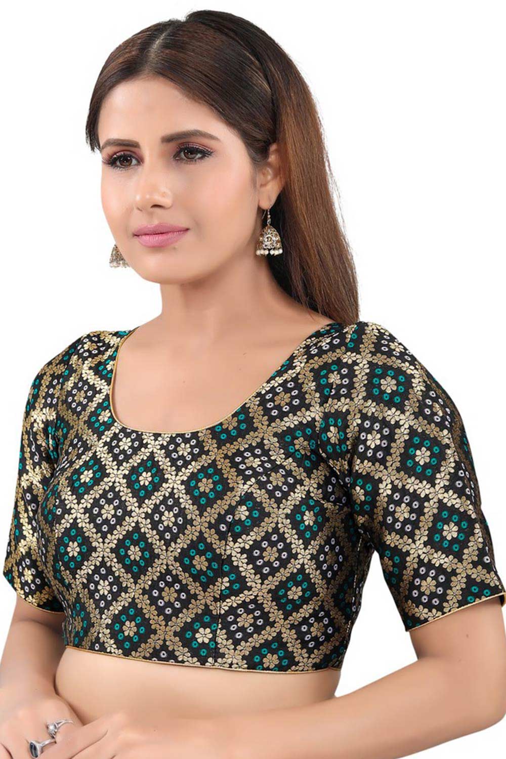 Black Jacquard Back Open Padded Elbow Sleeves Saree Blouse