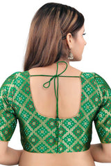 Green Jacquard Back Open Padded Elbow Sleeves Saree Blouse