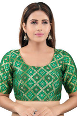 Green Jacquard Back Open Padded Elbow Sleeves Saree Blouse