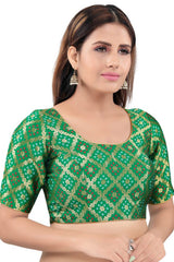 Green Jacquard Back Open Padded Elbow Sleeves Saree Blouse