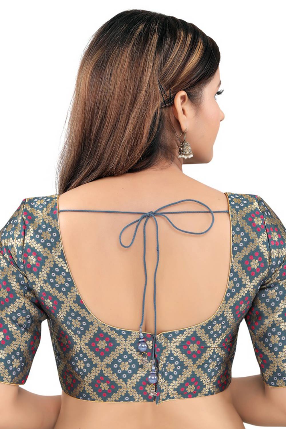 Grey Jacquard Back Open Padded Elbow Sleeves Saree Blouse