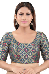 Grey Jacquard Back Open Padded Elbow Sleeves Saree Blouse