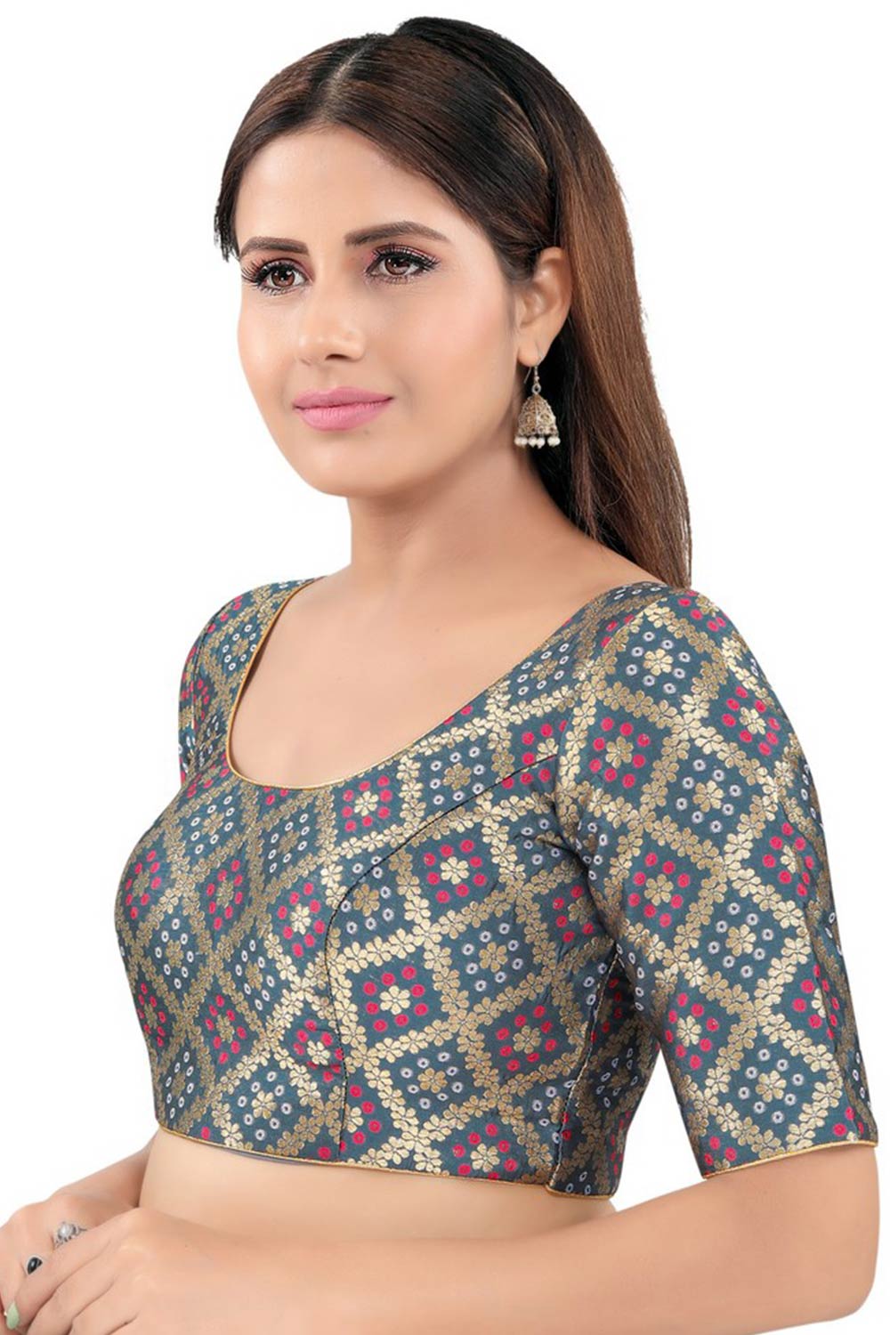 Grey Jacquard Back Open Padded Elbow Sleeves Saree Blouse