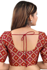 Maroon Jacquard Back Open Padded Elbow Sleeves Saree Blouse