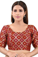 Maroon Jacquard Back Open Padded Elbow Sleeves Saree Blouse