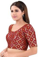 Maroon Jacquard Back Open Padded Elbow Sleeves Saree Blouse