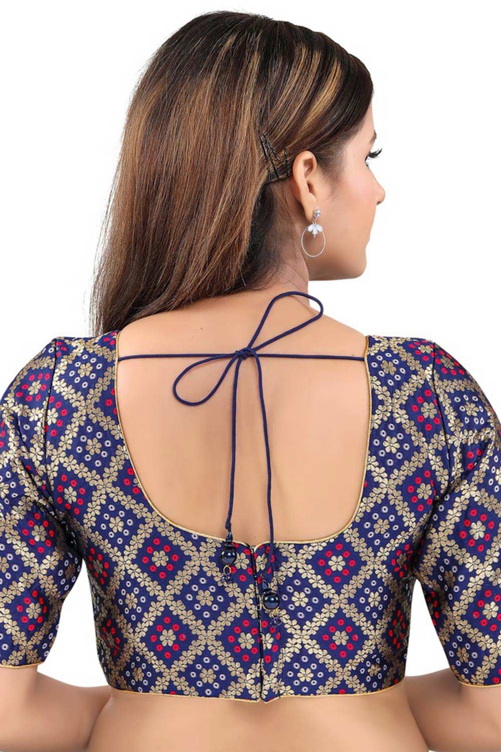 Navy Blue Jacquard Back Open Padded Elbow Sleeves Saree Blouse