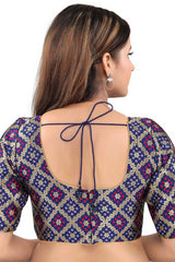 Navy Blue Jacquard Back Open Padded Elbow Sleeves Saree Blouse