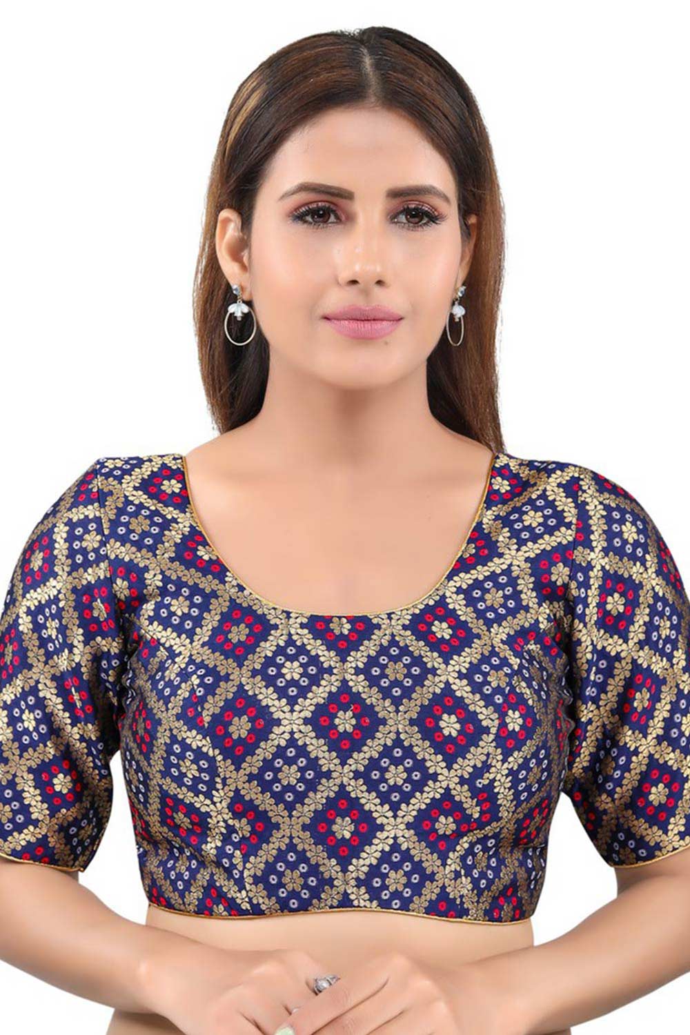 Navy Blue Jacquard Back Open Padded Elbow Sleeves Saree Blouse