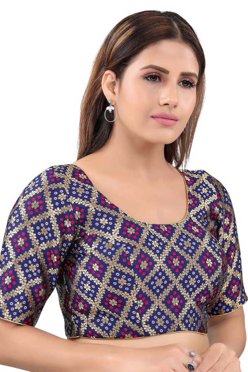 Navy Blue Jacquard Back Open Padded Elbow Sleeves Saree Blouse