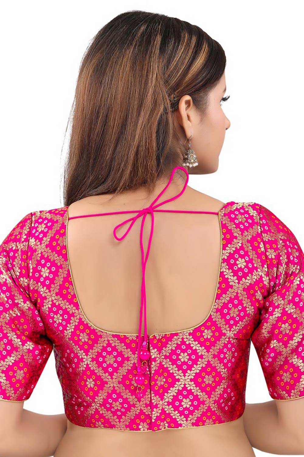 Pink Jacquard Back Open Padded Elbow Sleeves Saree Blouse