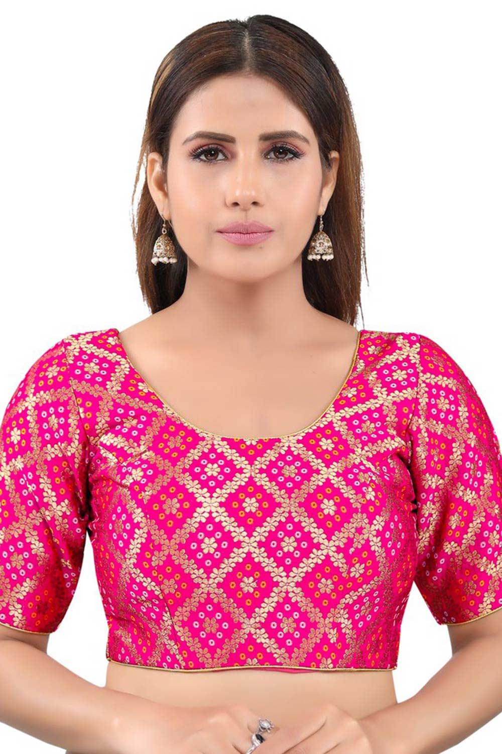 Pink Jacquard Back Open Padded Elbow Sleeves Saree Blouse