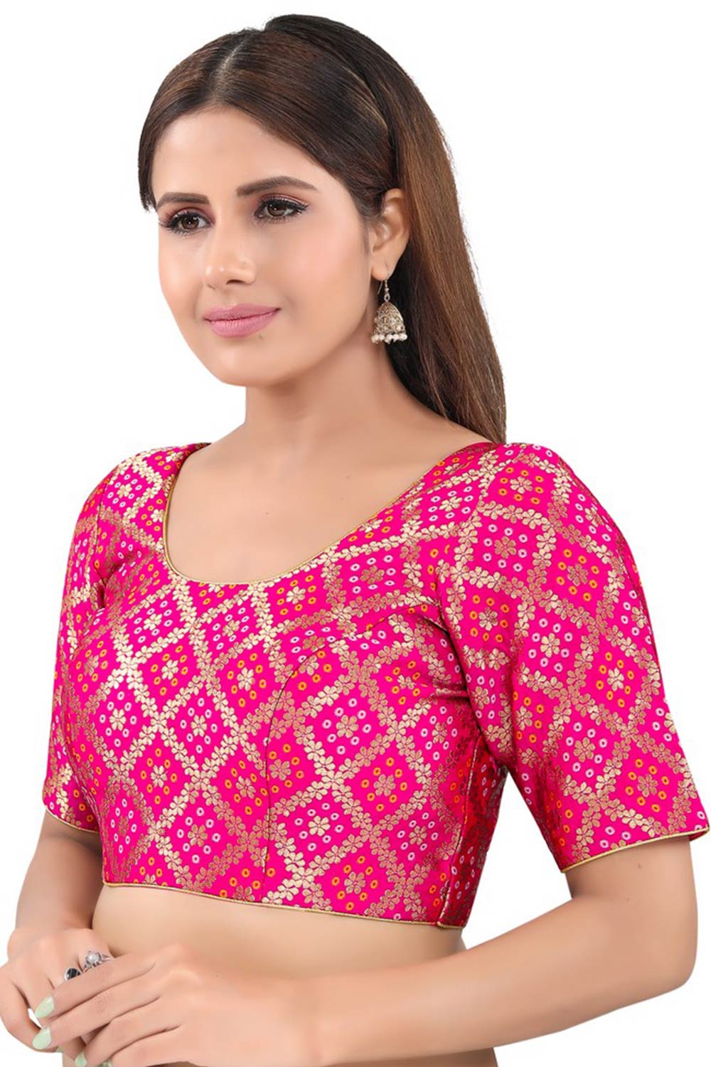 Pink Jacquard Back Open Padded Elbow Sleeves Saree Blouse