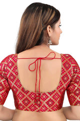 Red Jacquard Back Open Padded Elbow Sleeves Saree Blouse