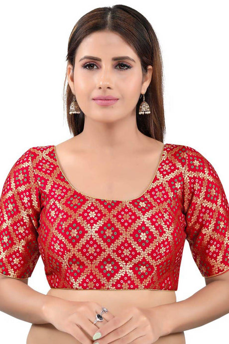 Red Jacquard Back Open Padded Elbow Sleeves Saree Blouse