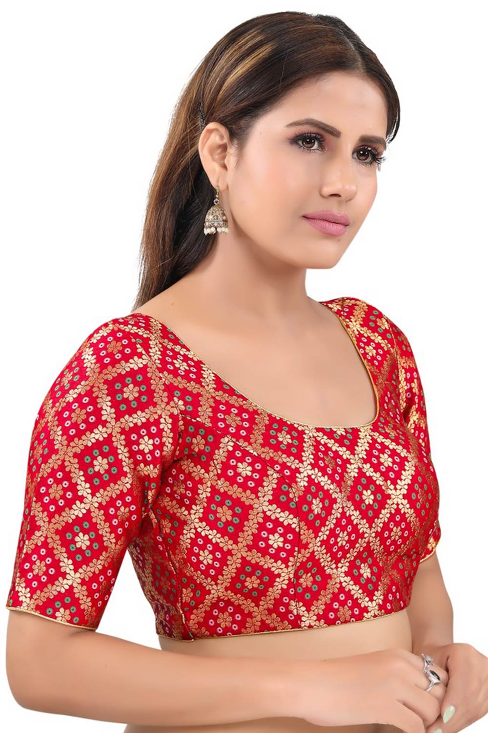 Red Jacquard Back Open Padded Elbow Sleeves Saree Blouse