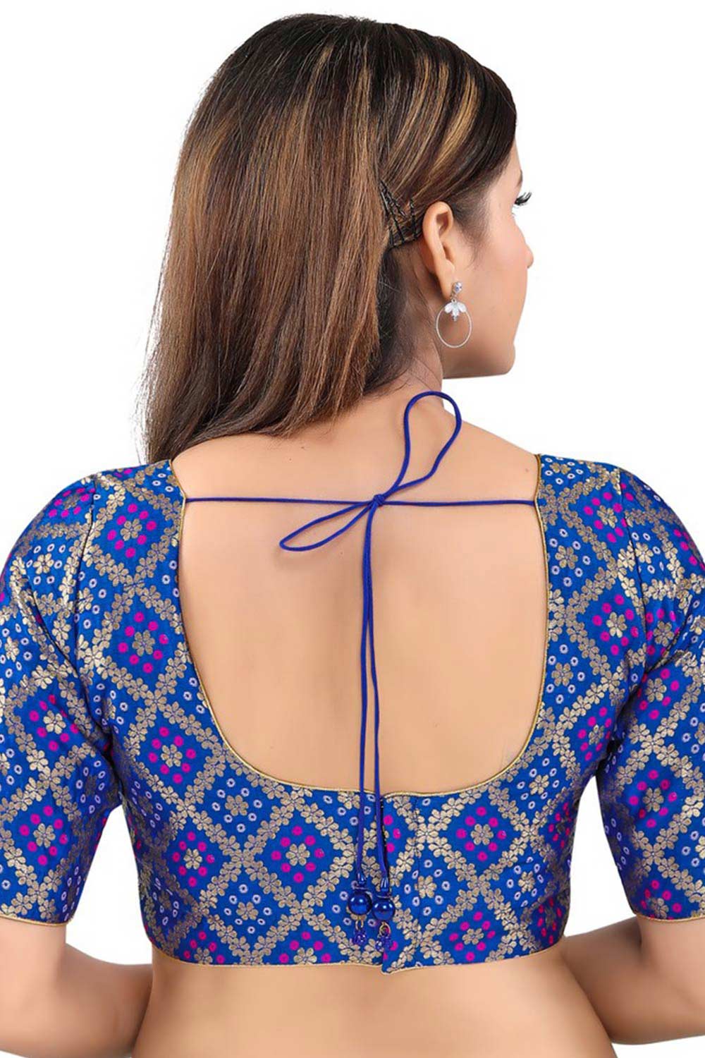 Royal Blue Jacquard Back Open Padded Elbow Sleeves Saree Blouse