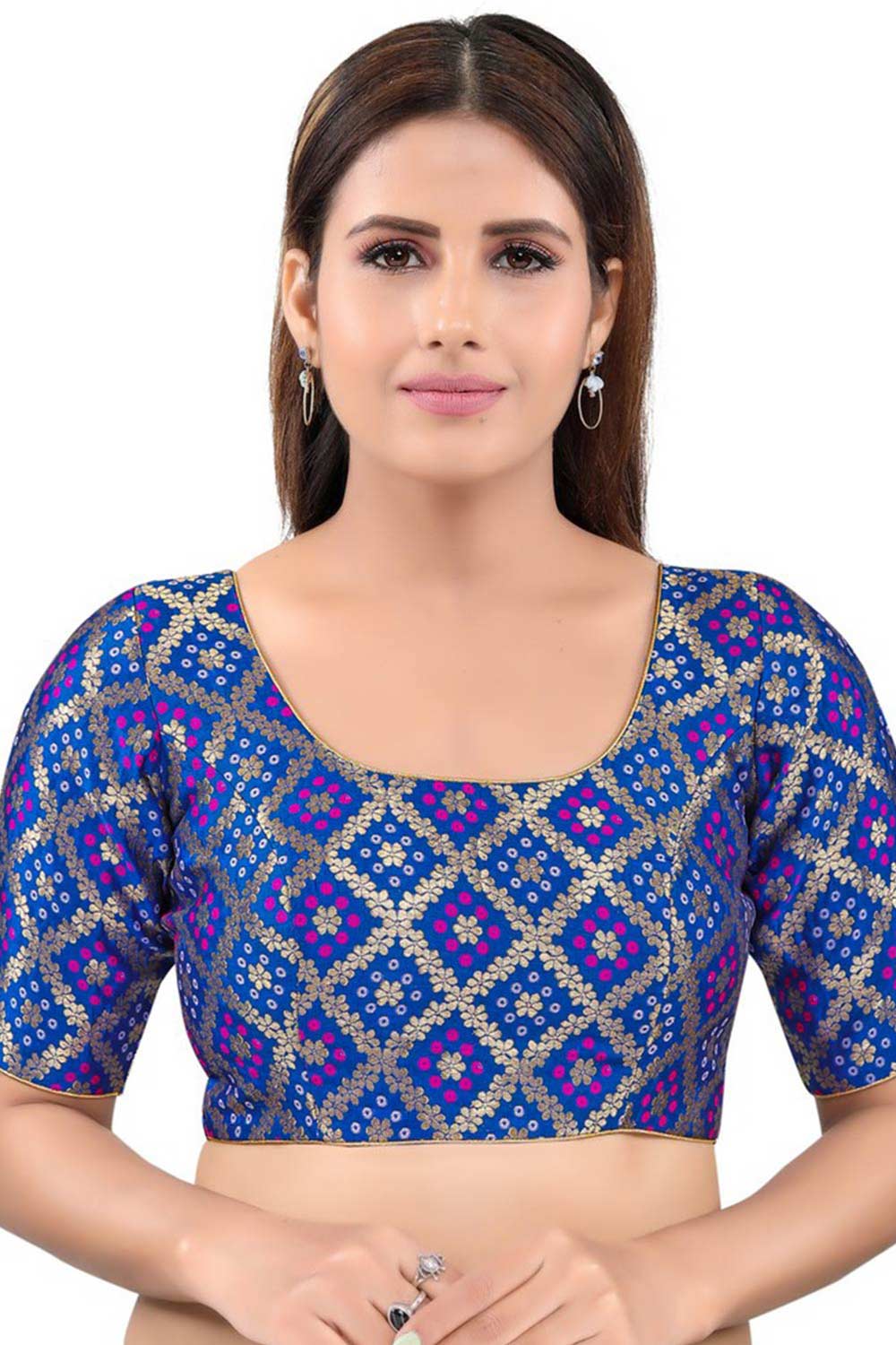 Royal Blue Jacquard Back Open Padded Elbow Sleeves Saree Blouse