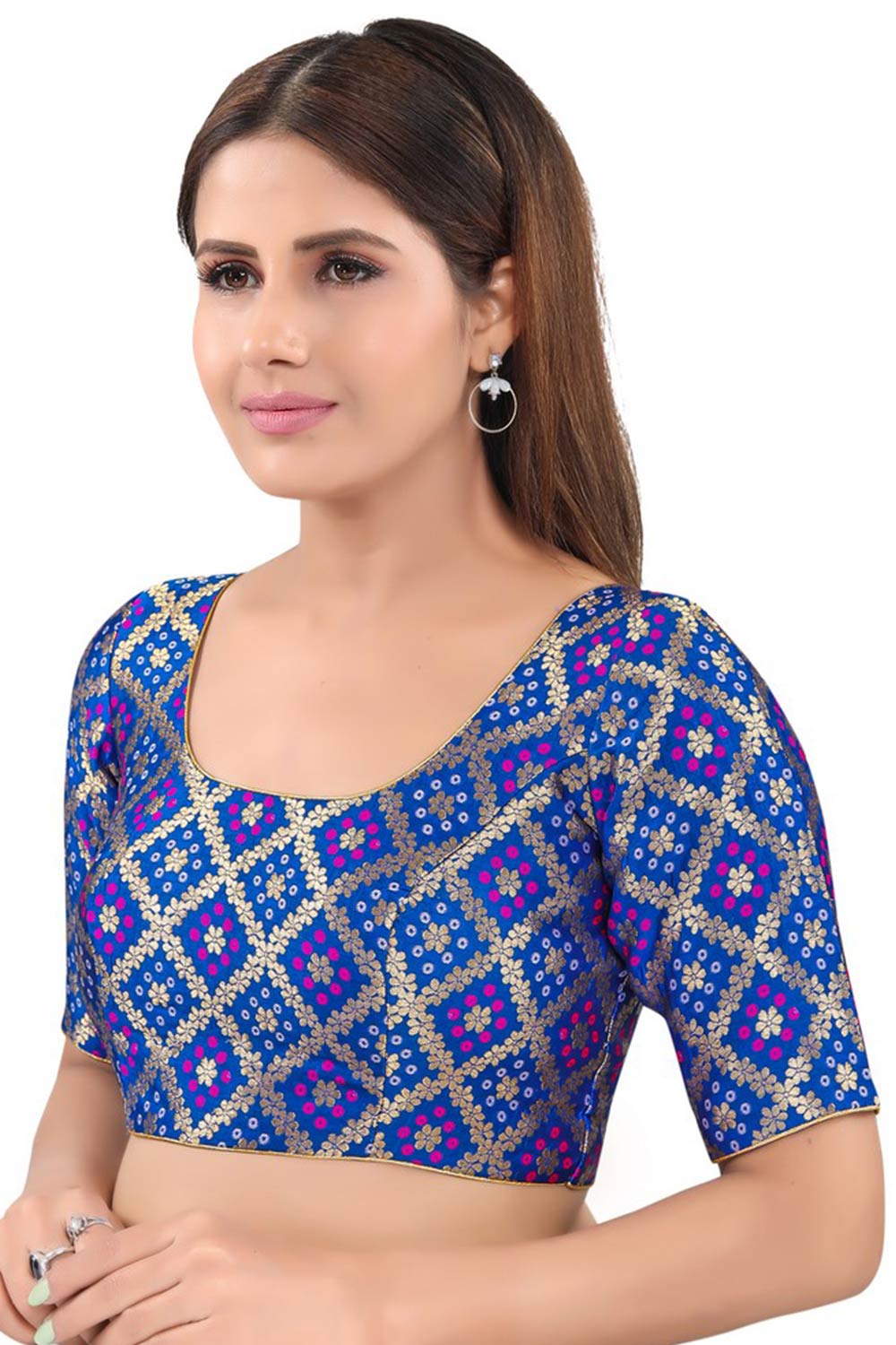 Royal Blue Jacquard Back Open Padded Elbow Sleeves Saree Blouse