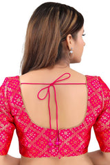 Tomato Pink Jacquard Back Open Padded Elbow Sleeves Saree Blouse