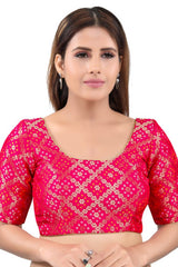 Tomato Pink Jacquard Back Open Padded Elbow Sleeves Saree Blouse