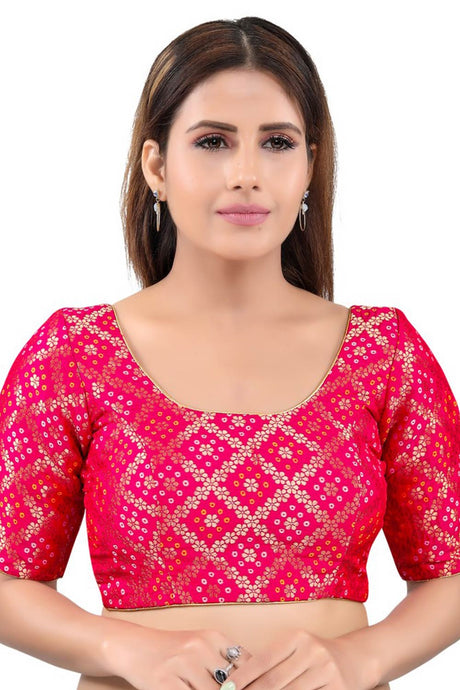 Tomato Pink Jacquard Back Open Padded Elbow Sleeves Saree Blouse