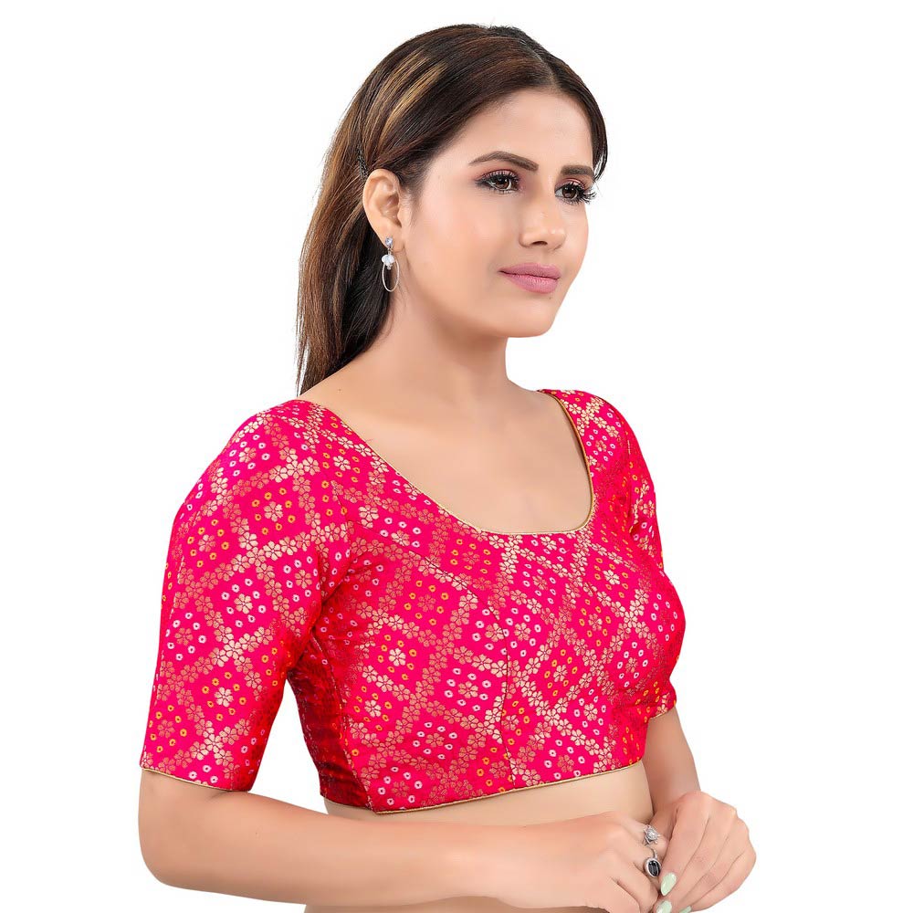 Tomato Pink Jacquard Back Open Padded Elbow Sleeves Saree Blouse