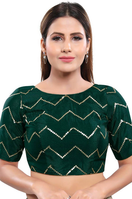 Bottle Green Art Silk Back Open Padded Elbow Sleeves Saree Blouse