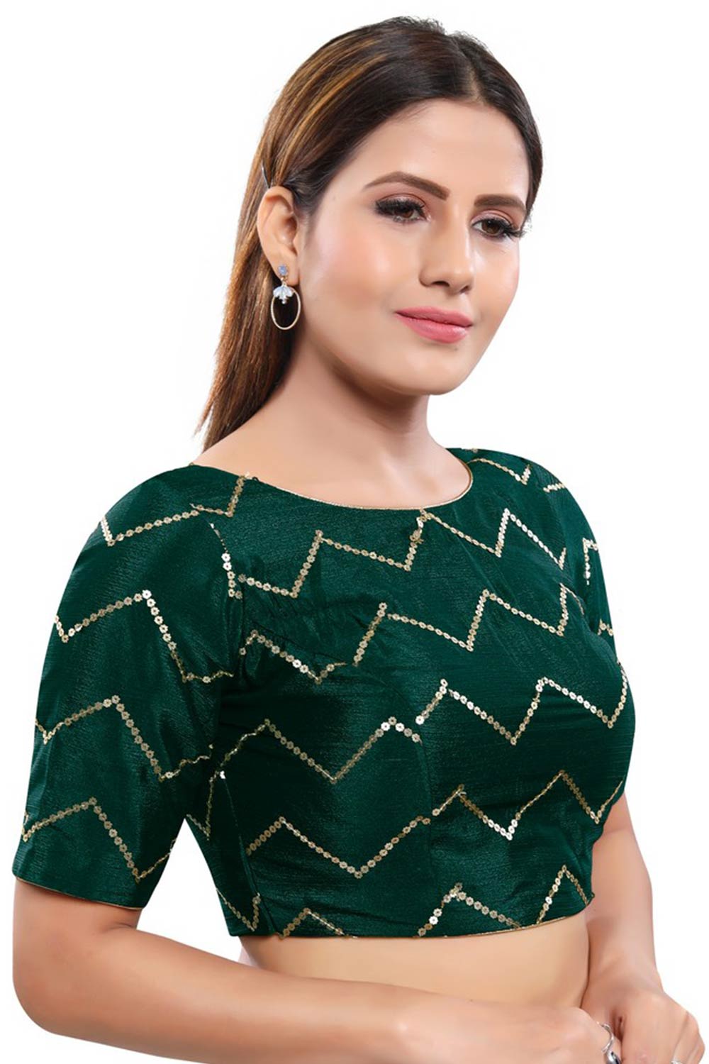 Bottle Green Art Silk Back Open Padded Elbow Sleeves Saree Blouse