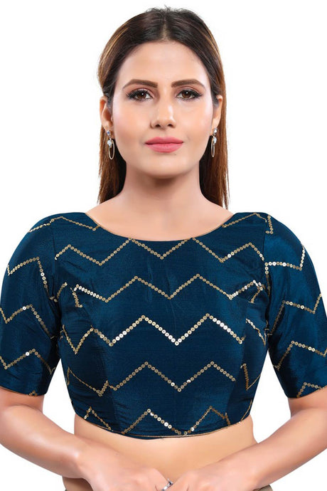 Cobalt Blue Art Silk Back Open Padded Elbow Sleeves Saree Blouse