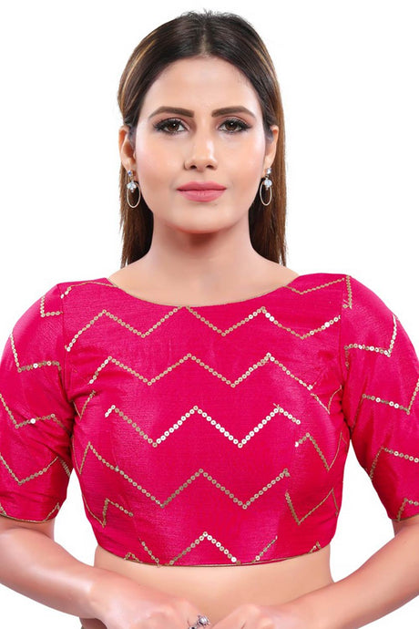 Pink Art Silk Back Open Padded Elbow Sleeves Saree Blouse