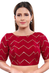 Red Art Silk Back Open Padded Elbow Sleeves Saree Blouse