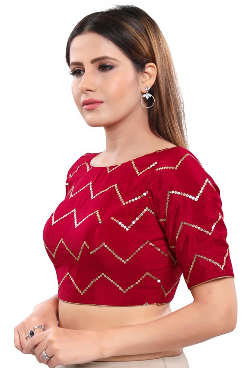 Red Art Silk Back Open Padded Elbow Sleeves Saree Blouse