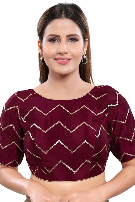 Wine Art Silk Back Open Padded Elbow Sleeves Saree Blouse