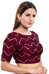 Wine Art Silk Back Open Padded Elbow Sleeves Saree Blouse