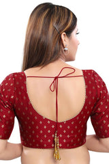 Maroon Jacquard Front Open Padded Elbow Sleeves Saree Blouse